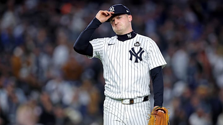 Oct 28, 2024; New York, New York, USA; New York Yankees pitcher Clarke Schmidt (36) reacts after getting the last out against the Los Angeles Dodgers in the top of the first inning in game three of the 2024 MLB World Series at Yankee Stadium. Mandatory Credit: Brad Penner-Imagn Images