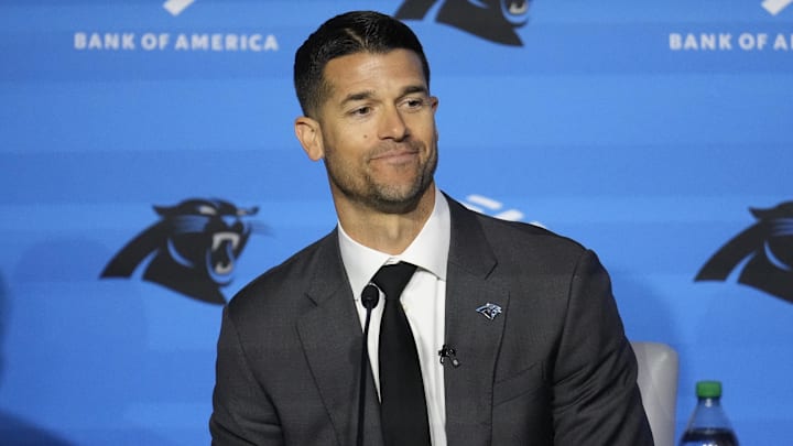 Feb 1, 2024; Charlotte, NC, USA;  Carolina Panthers head coach Dave Canales speaks to the media