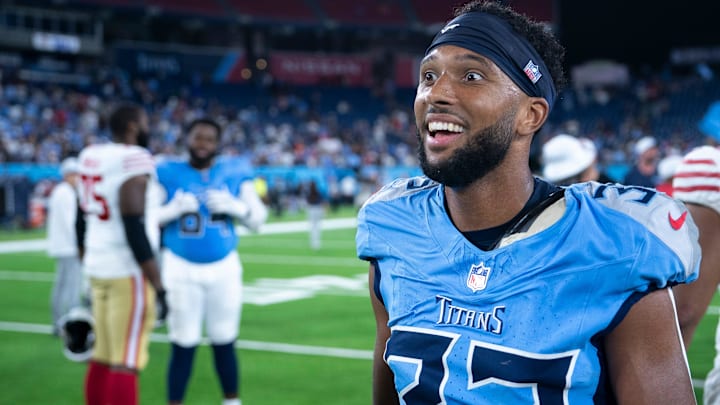 Tennessee Titans cornerback Gabe Jeudy-Lally (32) celebrates after beating the San Francisco 49ers 17-13 in their first preseason game of the 2024-25 season at Nissan Stadium Saturday, Aug. 10, 2024.