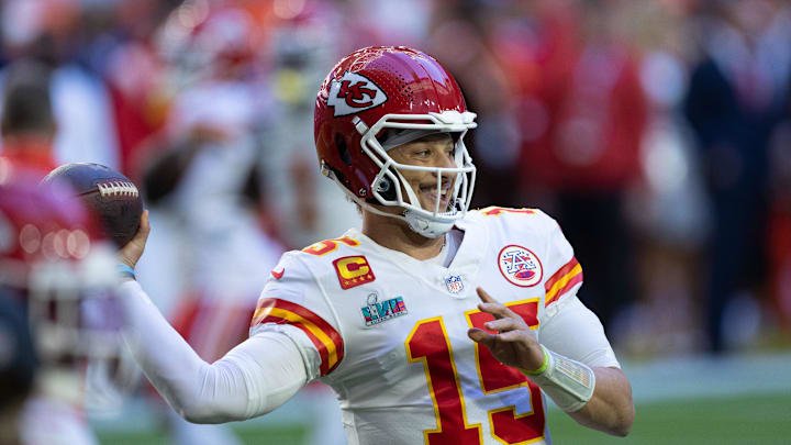 Feb 12, 2023; Glendale, Arizona, US; Kansas City Chiefs quarterback Patrick Mahomes (15) before action against the Philadelphia Eagles in Super Bowl LVII at State Farm Stadium. Mandatory Credit: Bill Streicher-Imagn Images Feb 12, 2023; Glendale, Arizona, US; Kansas City Chiefs quarterback Patrick Mahomes (15) before action against the Philadelphia Eagles in Super Bowl LVII at State Farm Stadium. Mandatory Credit: Bill Streicher-Imagn Images