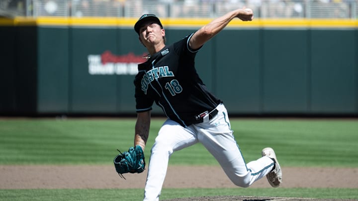 Jun 22, 2025; Omaha, Neb, USA; Coastal Carolina Chanticleers pitcher Hayden Johnson (18) throws against the LSU Tigers during the sixth inning at Charles Schwab Field. Mandatory Credit: Steven Branscombe-Imagn Images Jun 22, 2025; Omaha, Neb, USA; Coastal Carolina Chanticleers pitcher Hayden Johnson (18) throws against the LSU Tigers during the sixth inning at Charles Schwab Field. Mandatory Credit: Steven Branscombe-Imagn Images