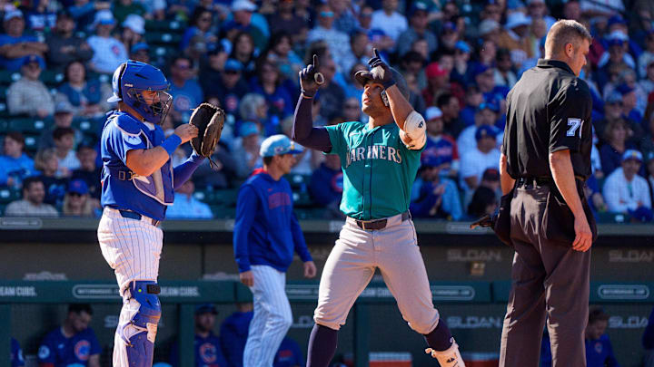 Seattle Mariners catcher Harry Ford (72) reacts after hitting a home run in the eighth inning during a spring training game against the Chicago Cubs at Sloan Park on March 8. 