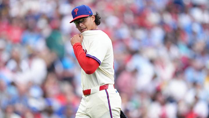 May 31, 2025; Philadelphia, Pennsylvania, USA; Philadelphia Phillies starting pitcher Jesus Luzardo (44) reacts after being removed from the game against the Milwaukee Brewers in the fourth inning at Citizens Bank Park. Mandatory Credit: Kyle Ross-Imagn Images May 31, 2025; Philadelphia, Pennsylvania, USA; Philadelphia Phillies starting pitcher Jesus Luzardo (44) reacts after being removed from the game against the Milwaukee Brewers in the fourth inning at Citizens Bank Park. Mandatory Credit: Kyle Ross-Imagn Images