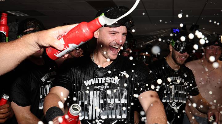Sep 30, 2026; Houston, Texas, USA; Chicago White Sox shortstop Colson Montgomery (12) celebrates in the clubhouse after a win against the Houston Astros of game two of the Wildcard round for the 2026 MLB Playoffs at Daikin Park. Mandatory Credit: Troy Taormina-Imagn Images Sep 30, 2026; Houston, Texas, USA; Chicago White Sox shortstop Colson Montgomery (12) celebrates in the clubhouse after a win against the Houston Astros of game two of the Wildcard round for the 2026 MLB Playoffs at Daikin Park. Mandatory Credit: Troy Taormina-Imagn Images