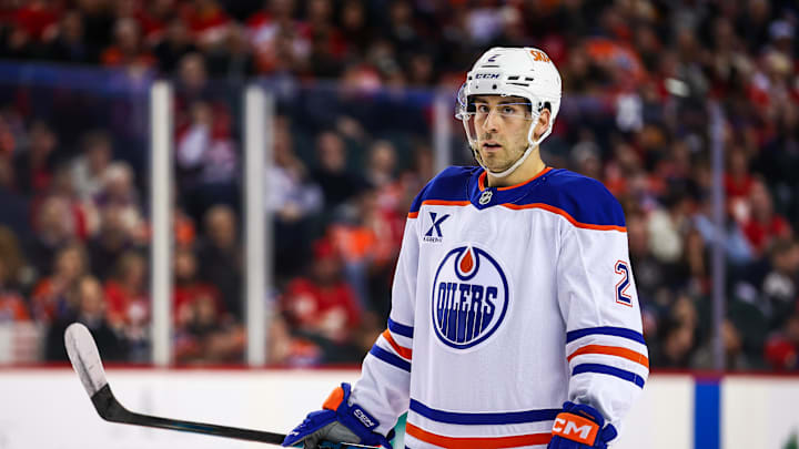 Feb 4, 2026; Calgary, Alberta, CAN; Edmonton Oilers defenseman Evan Bouchard (2) against the Calgary Flames during the third period at Scotiabank Saddledome. Mandatory Credit: Sergei Belski-Imagn Images Feb 4, 2026; Calgary, Alberta, CAN; Edmonton Oilers defenseman Evan Bouchard (2) against the Calgary Flames during the third period at Scotiabank Saddledome. Mandatory Credit: Sergei Belski-Imagn Images