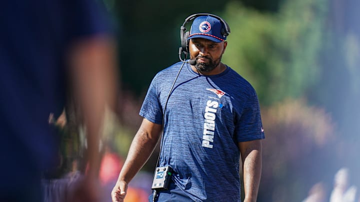 Sep 15, 2024; Foxborough, Massachusetts, USA; New England Patriots head coach Jerod Mayo watches from the sideline as they take on the Seattle Seahawks at Gillette Stadium. Mandatory Credit: David Butler II-Imagn Images