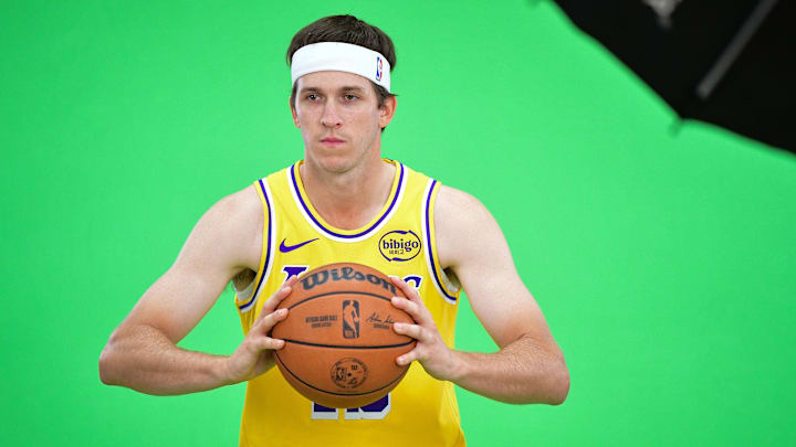 Sep 29, 2025; Los Angeles, CA, USA; Los Angeles Lakers guard Austin Reaves (15) during media day at UCLA Health Training Center. Mandatory Credit: Gary A. Vasquez-Imagn Images