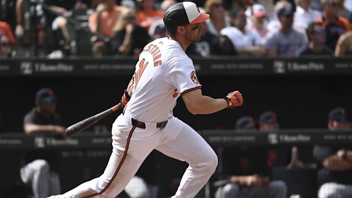 Sep 22, 2024; Baltimore, Maryland, USA; Baltimore Orioles second baseman Jordan Westburg (11)swings through a rbi double during fifth inning against the Detroit Tigers at Oriole Park at Camden Yards. Sep 22, 2024; Baltimore, Maryland, USA; Baltimore Orioles second baseman Jordan Westburg (11)swings through a rbi double during fifth inning against the Detroit Tigers at Oriole Park at Camden Yards.