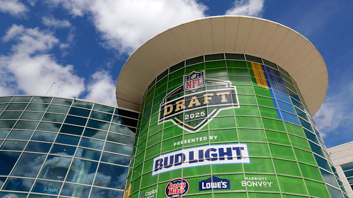 A sign promoting the 2025 NFL Draft is displayed on the Resch Center on April 19 in Ashwaubenon, Wis.