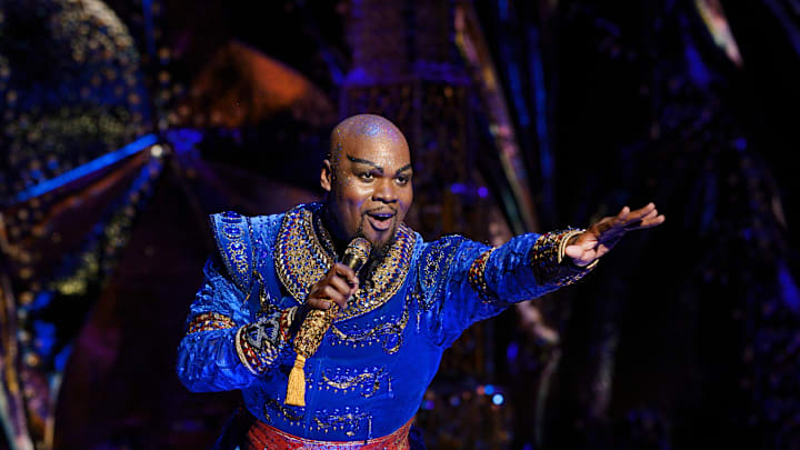 Disney Theatrical Productions under the direction of Thomas Schumacher presents Aladdin, music by Alan Menken, lyrics by Howard Ashman and Tim Rice, book and additional lyrics by Chad Beguelin at Capitol Theatre Sydney, starring: Ainsley Melham (Aladdin), Michael James Scott (Genie), Arielle Jacobs (Jasmine), Troy Sussman (Babkak), Adam Jon Fiorentino (Kassim), Robert Tripolino (Omar), Adam Murphy (Jafar), Aljin Abella (Iago) and George Henare (Sultan) directed and choreographed by Casey