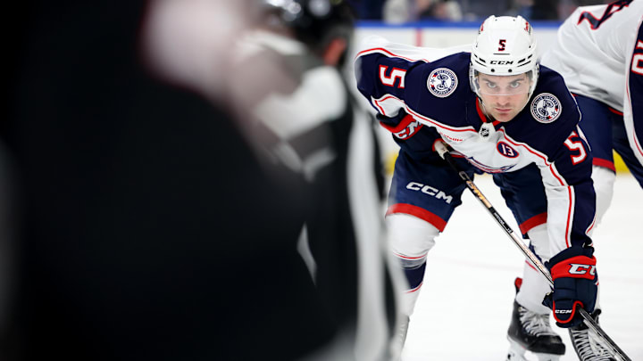 Feb 4, 2025; Buffalo, New York, USA;  Columbus Blue Jackets defenseman Denton Mateychuk (5) waits for the face-off during the second period against the Buffalo Sabres at KeyBank Center. Mandatory Credit: Timothy T. Ludwig-Imagn Images