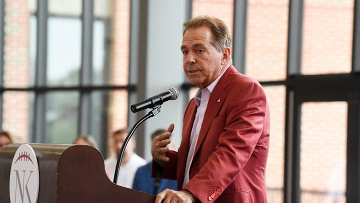 Nick Saban makes his remarks to the assembled crowd of friends, supporters and agencies Wednesday, Aug. 14, 2024, at Bryant-Denny Stadium during the annual Nick’s Kids Foundation Luncheon.