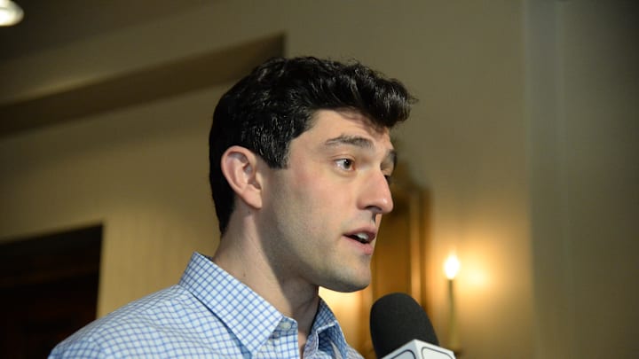 Nov 13, 2019; Scottsdale, AZ, USA; Boston Red Sox chief baseball officer Chaim Bloom speaks with members of the media during general managers meetings at the Omni Scottsdale Resort & Spa at Montelucia Mandatory Credit: Joe Camporeale-Imagn Images