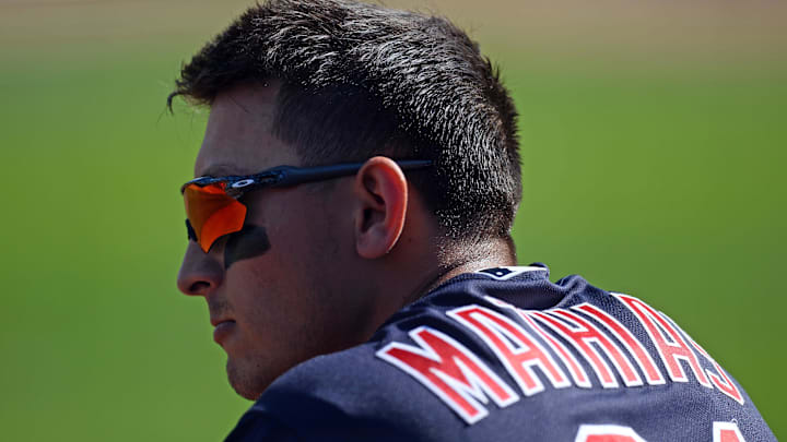 Feb 27, 2019; Phoenix, AZ, USA; Cleveland Indians third baseman Mark Mathias (81) looks on against