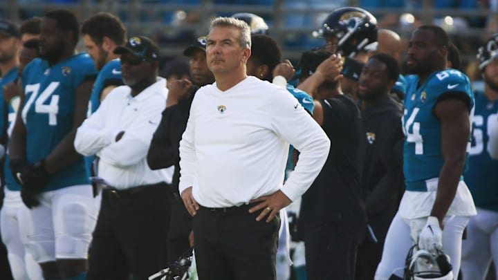 As time almost expires, Jacksonville Jaguars head coach Urban Meyer looks on to the clock during the fourth quarter at TIAA Bank Field Sunday, Nov. 21, 2021 in Jacksonville. The Jacksonville Jaguars hosted the San Francisco 49ers during a regular season NFL game. The 49ers defeated the Jaguars 30-10. [Corey Perrine/Florida Times-Union]

Jki Cp Jags 49ers 09