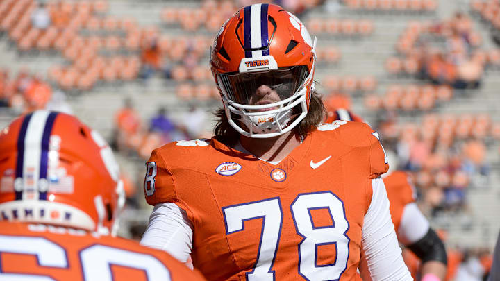 Oct 19, 2024; Clemson, South Carolina, USA; Clemson Tigers offensive lineman Blake Miller (78) looks on during warm ups prior to the game against the Virginia Cavaliers at Memorial Stadium. Mandatory Credit: Alexander Hicks-Imagn Images