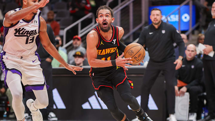 Nov 1, 2024; Atlanta, Georgia, USA; Atlanta Hawks guard Trae Young (11) drives to the basket against the Sacramento Kings in the fourth quarter at State Farm Arena. Mandatory Credit: Brett Davis-Imagn Images Nov 1, 2024; Atlanta, Georgia, USA; Atlanta Hawks guard Trae Young (11) drives to the basket against the Sacramento Kings in the fourth quarter at State Farm Arena. Mandatory Credit: Brett Davis-Imagn Images