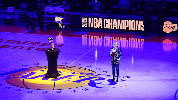 May 12, 2021; Los Angeles, California, USA; Los Angeles Lakers president Jeanie Buss speaks before the reveal of the 2020 champions banner at Staples Center. Mandatory Credit: Gary A. Vasquez-Imagn Images May 12, 2021; Los Angeles, California, USA; Los Angeles Lakers president Jeanie Buss speaks before the reveal of the 2020 champions banner at Staples Center. Mandatory Credit: Gary A. Vasquez-Imagn Images