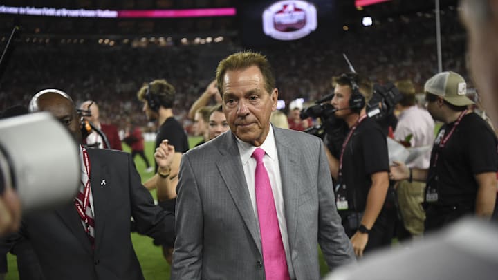 Sep 7, 2024; Tuscaloosa, Alabama, USA; Nick Saban walks off the field after it was renamed in his honor at Bryant-Denny Stadium during halftime of Alabamaís win over South Florida 42-16. Mandatory Credit: Gary Cosby Jr.-USA TODAY Network via Imagn Images Sep 7, 2024; Tuscaloosa, Alabama, USA; Nick Saban walks off the field after it was renamed in his honor at Bryant-Denny Stadium during halftime of Alabamaís win over South Florida 42-16. Mandatory Credit: Gary Cosby Jr.-USA TODAY Network via Imagn Images