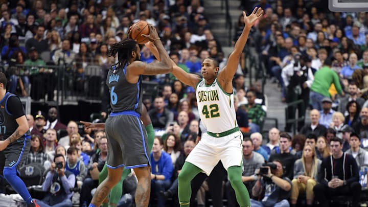 Nov 24, 2018; Dallas, TX, USA; Boston Celtics center Al Horford (42) plays defense against Dallas Mavericks center DeAndre Jordan (6) in the first quarter at American Airlines Center. Mandatory Credit: Shane Roper-Imagn Images Nov 24, 2018; Dallas, TX, USA; Boston Celtics center Al Horford (42) plays defense against Dallas Mavericks center DeAndre Jordan (6) in the first quarter at American Airlines Center. Mandatory Credit: Shane Roper-Imagn Images