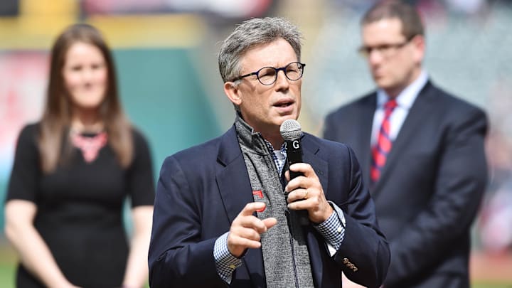 Apr 11, 2017; Cleveland, OH, USA; Cleveland Indians owner Paul Dolan speaks during the American League Championship ring ceremony before the opening day game between the Cleveland Indians and the Chicago White Sox at Progressive Field. Mandatory Credit: Ken Blaze-Imagn Images