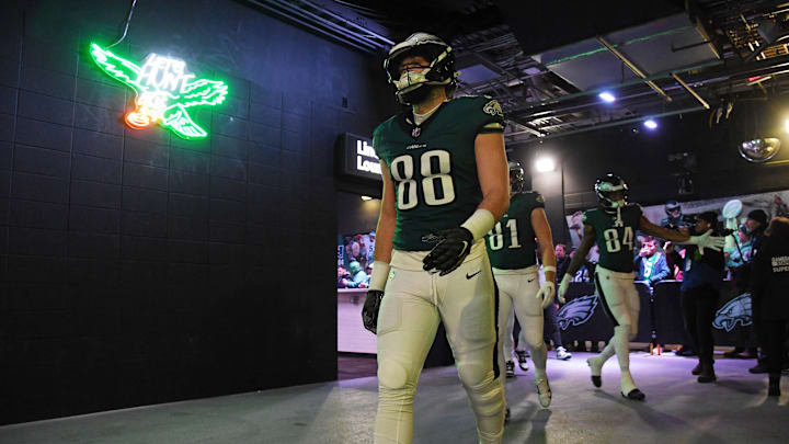 Philadelphia Eagles tight end Dallas Goedert (88) walks in the tunnel before the NFC Championship game at Lincoln Financial Field. Philadelphia Eagles tight end Dallas Goedert (88) walks in the tunnel before the NFC Championship game at Lincoln Financial Field.