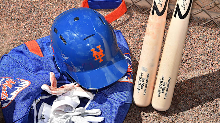 Sep 19, 2016; Port St. Lucie, FL, USA; A detailed view of the batting helmet and baseball bats of New York Mets outfielder Tim Tebow (15) during his workout at the Mets Minor League Complex. Mandatory Credit: Jasen Vinlove-Imagn Images