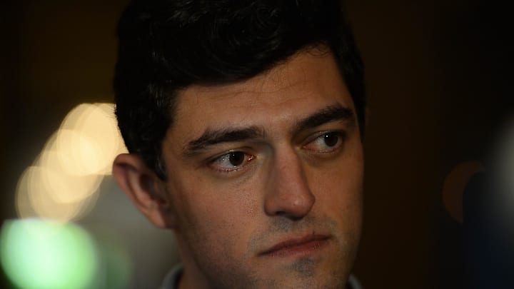 Nov 12, 2019; Scottsdale, AZ, USA; Boston Red Sox general manager Chaim Bloom speaks during media availability at the Omni Scottsdale Resort & Spa at Montelucia. Mandatory Credit: Joe Camporeale-Imagn Images