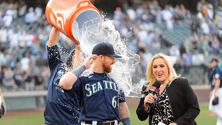 Seattle Mariners first baseman Ty France (23) dunks designated hitter Brian O'Keefe (64) after a game against the Oakland Athletics at T-Mobile Park. Seattle defeated Oakland 5-1 in 2022. Seattle Mariners first baseman Ty France (23) dunks designated hitter Brian O'Keefe (64) after a game against the Oakland Athletics at T-Mobile Park. Seattle defeated Oakland 5-1 in 2022.
