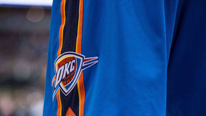 Dec 28, 2014; Dallas, TX, USA; A view of Oklahoma City Thunder logo on the shorts of guard Russell Westbrook (0) during the game against the Dallas Mavericks at the American Airlines Center. The Mavericks defeated the Thunder 112-107. Mandatory Credit: Jerome Miron-Imagn Images Dec 28, 2014; Dallas, TX, USA; A view of Oklahoma City Thunder logo on the shorts of guard Russell Westbrook (0) during the game against the Dallas Mavericks at the American Airlines Center. The Mavericks defeated the Thunder 112-107. Mandatory Credit: Jerome Miron-Imagn Images