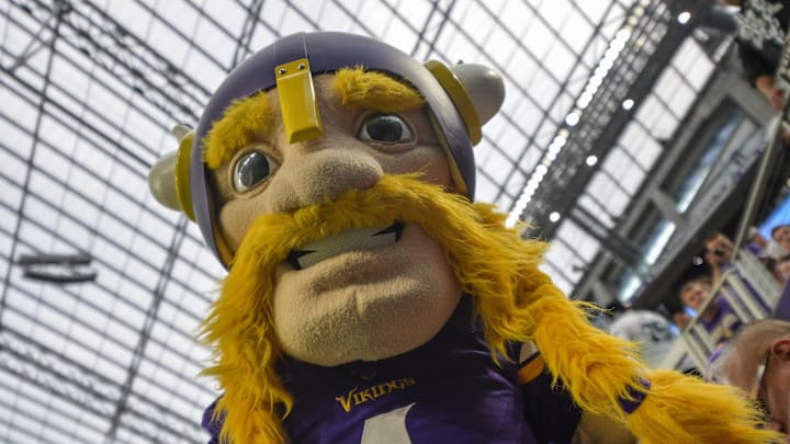 Sep 22, 2019; Minneapolis, MN, USA; The Minnesota Vikings mascot in action before the game against the Oakland Raiders at U.S. Bank Stadium. Mandatory Credit: Jeffrey Becker-Imagn Images