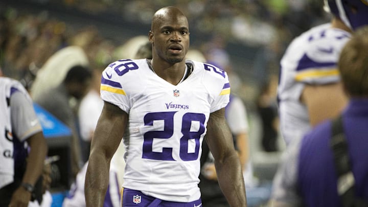 Aug 18, 2016; Seattle, WA, USA; Minnesota Vikings running back Adrian Peterson (28) walks the sidelines during a preseason game against the Seattle Seahawks at CenturyLink Field. The Vikings won 18-11.