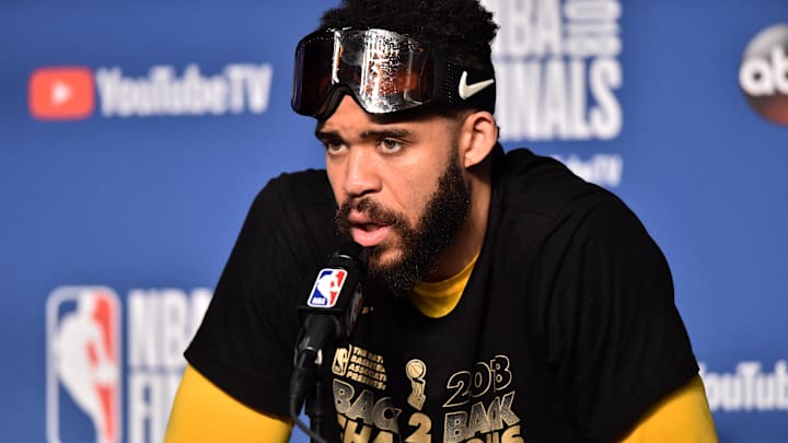 Jun 8, 2018; Cleveland, OH, USA; Golden State Warriors center JaVale McGee (1) speaks during a press conference after defeating the Cleveland Cavaliers in game four of the 2018 NBA Finals at Quicken Loans Arena. Mandatory Credit: Ken Blaze-Imagn Images