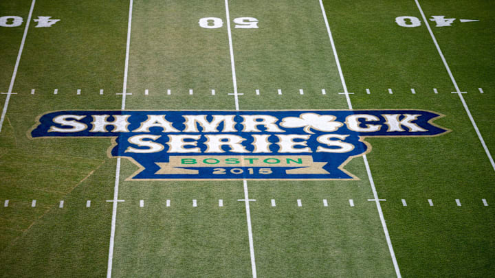 Nov 21, 2015; Boston, MA, USA; The Shamrock Series logo on the field at Fenway Park before the game between the Notre Dame Fighting Irish and the Boston College Eagles. Mandatory Credit: Matt Cashore-Imagn Images