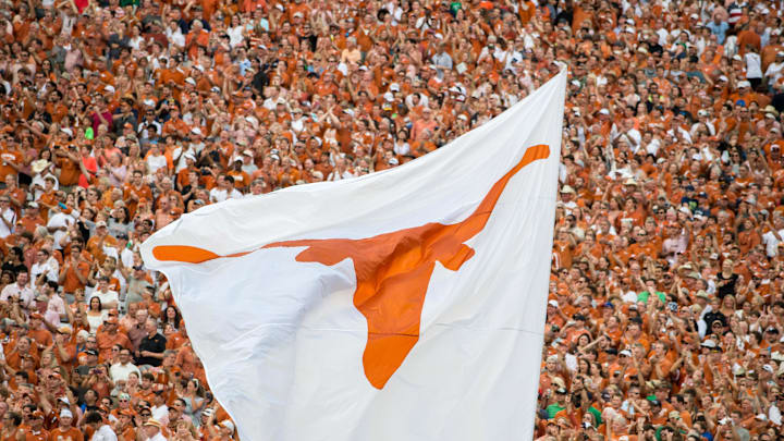 Sep 4, 2016; Austin, TX, USA; The Texas Longhorns logo flag flies during the game between the Texas Longhorns and the Notre Dame Fighting Irish at Darrell K. Royal-Texas Memorial Stadium. Texas won 50-47 in double overtime. Sep 4, 2016; Austin, TX, USA; The Texas Longhorns logo flag flies during the game between the Texas Longhorns and the Notre Dame Fighting Irish at Darrell K. Royal-Texas Memorial Stadium. Texas won 50-47 in double overtime.