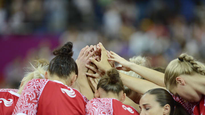Aug 11, 2012; London, United Kingdom; Russia huddles during the women's basketball semifinals against Australia in the London 2012 Olympic Games at North Greenwich Arena. Mandatory Credit: Bob Donnan-Imagn Images
