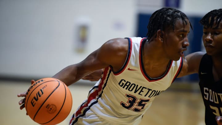 Grovetown shooting guard Derrion Reid (35) dribbles during the Grovetown and South Effingham basketball game at Grovetown High School on Jan. 7. Grovetown defeated South Effingham 80-44.