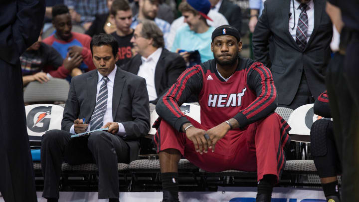 Feb 18, 2014; Dallas, TX, USA; Miami Heat head coach Erik Spoelstra and small forward LeBron James; Credit: Jerome Miron-USA TODAY Sports