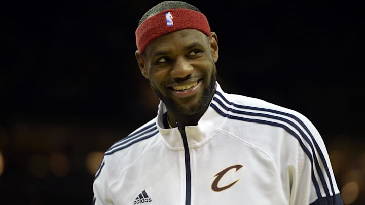 Oct 14, 2014; Cleveland, OH, USA; Cleveland Cavaliers forward LeBron James (23) smiles 