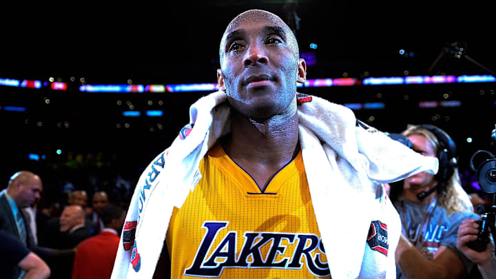 Apr 13, 2016; Los Angeles, CA, USA; Los Angeles Lakers forward Kobe Bryant (24) looks on after the Lakers defeat of the Utah Jazz 101-96 at Staples Center in Bryant's final game of his career. Bryant scored 60 points in the game. Mandatory Credit: Robert Hanashiro-Imagn Images
