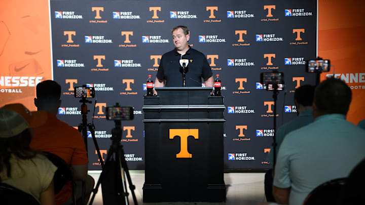 Tennessee head coach Josh Heupel speaks during a press conference, during Tennessee Football Media Day, Tuesday, Aug. 1, 2023. Tennessee head coach Josh Heupel speaks during a press conference, during Tennessee Football Media Day, Tuesday, Aug. 1, 2023.
