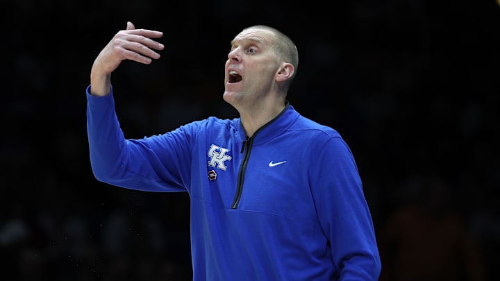 Mar 28, 2025; Indianapolis, IN, USA; Kentucky Wildcats head coach Mark Pope reacts in the second half during a Midwest Regional semifinal of the 2025 NCAA tournament at Lucas Oil Stadium. Mandatory Credit: Trevor Ruszkowski-Imagn Images