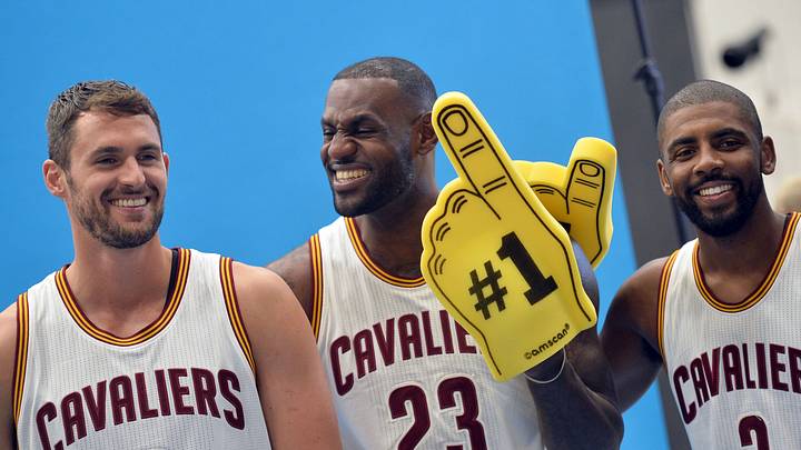 Sep 26, 2016; Cleveland, OH, USA; Cleveland Cavaliers forward Kevin Love (0), forward LeBron James (23) and guard Kyrie Irving (2) laugh during a photo session during media day at Cleveland Clinic Courts. Mandatory Credit: Ken Blaze-USA TODAY Sports Sep 26, 2016; Cleveland, OH, USA; Cleveland Cavaliers forward Kevin Love (0), forward LeBron James (23) and guard Kyrie Irving (2) laugh during a photo session during media day at Cleveland Clinic Courts. Mandatory Credit: Ken Blaze-USA TODAY Sports