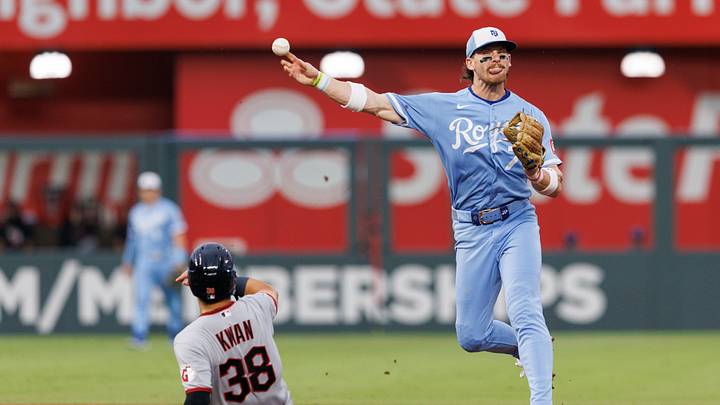 Sep 25, 2026; Kansas City, Missouri, USA; Kansas City Royals shortstop Bobby Witt Jr. (7) throws to first base over Cleveland Guardians left fielder Steven Kwan (38) for a double play during the first inning at Kauffman Stadium. Mandatory Credit: William Purnell-Imagn Images Sep 25, 2026; Kansas City, Missouri, USA; Kansas City Royals shortstop Bobby Witt Jr. (7) throws to first base over Cleveland Guardians left fielder Steven Kwan (38) for a double play during the first inning at Kauffman Stadium. Mandatory Credit: William Purnell-Imagn Images