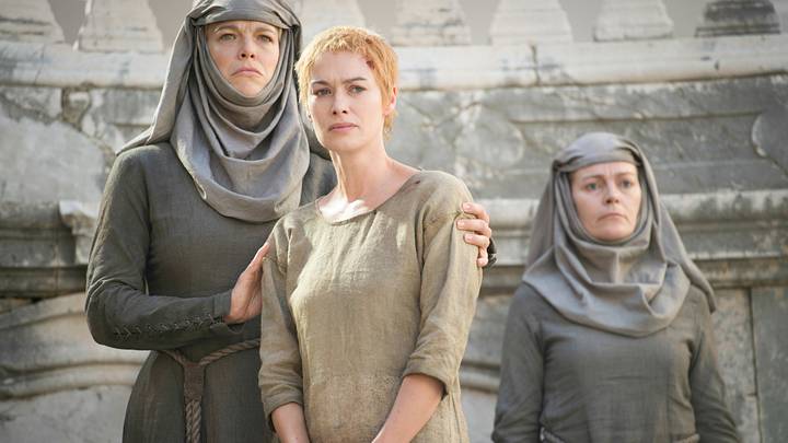 Hannah Waddingham (Septa Unella) and Lena Headey (Cersei Lannister) in Game of Thrones season 5 Episode 10, "Mother's Mercy"