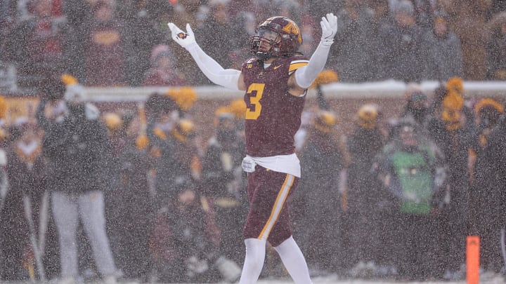 Nov 29, 2025; Minneapolis, Minnesota, USA; Minnesota Golden Gophers defensive back Koi Perich (3) reacts against the Wisconsin Badgers during the first half at Huntington Bank Stadium. Mandatory Credit: Matt Krohn-Imagn Images