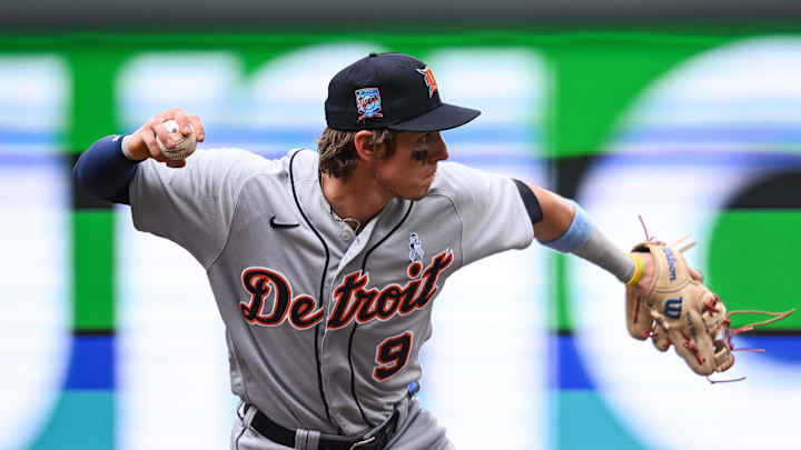 Jun 18, 2023; Minneapolis, Minnesota, USA; Detroit Tigers third baseman Nick Maton (9) makes a