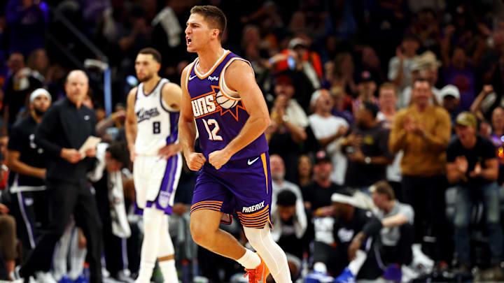 Oct 22, 2025; Phoenix, Arizona, USA; Phoenix Suns guard Collin Gillespie (12) reacts to a play during the second half against the Sacramento Kings at the Mortgage Matchup Center. Mandatory Credit: Mark J. Rebilas-Imagn Images Oct 22, 2025; Phoenix, Arizona, USA; Phoenix Suns guard Collin Gillespie (12) reacts to a play during the second half against the Sacramento Kings at the Mortgage Matchup Center. Mandatory Credit: Mark J. Rebilas-Imagn Images