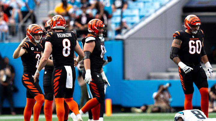 Cincinnati Bengals kicker Evan McPherson (2) celebrates with Cincinnati Bengals punter Ryan Rehkow (8) after hitting a field goal in the fourth quarter of the NFL game between the Cincinnati Bengals and the Carolina Panthers at Bank of America Stadium in Charlotte, N.C., on Sunday, Sept. 29, 2024.