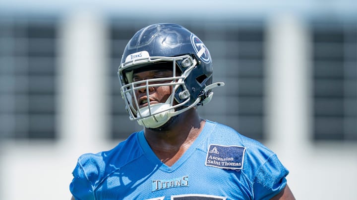 Saahdiq Charles runs through drills during Tennessee Titans practice at Ascension Saint Thomas Sports Park in Nashville